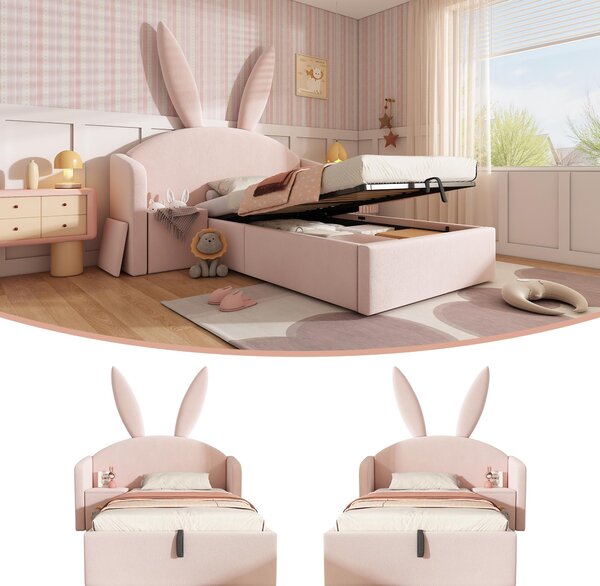 Letto imbottito 90x200 cm, color rosa, in velluto, con spazio contenitore e comodino integrato, ideale per la camera da letto