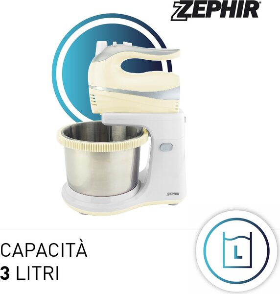 Zephir Sbattitore elettrico Mixer con Ciotola Acciaio Potenza 500 watt colore Crema - ZHC467C