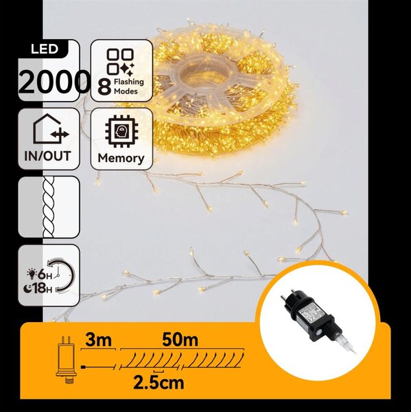 Aigostar - Catena luminosa natalizia a LED per esterni 2000 LED/8 funzioni, 53 m, IP44, bianco caldo