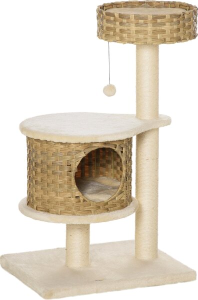 Fortuna Lai Tiragraffi in rattan con cuccia per gatti e pallina, tiragraffi per gatti di piccola taglia, naturale e beige