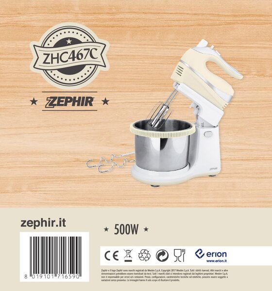 Zephir Sbattitore elettrico Mixer con Ciotola Acciaio Potenza 500 watt colore Crema - ZHC467C