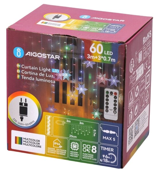 Aigostar - LED catena luminosa natalizia da esterno 60xLED/8 funzioni 6x0,7 m IP44 multicolore + telecomando