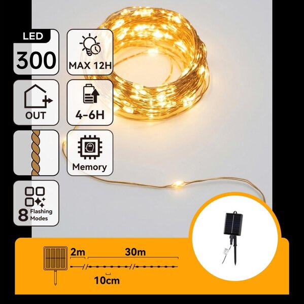 Aigostar - Catena luminosa solare a LED per Natale 300xLED/8 funzioni 32m IP65 bianco caldo 1200 mAh