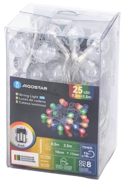 Aigostar - Catena luminosa natalizia per esterni 25xLED/8 funzioni 3xAA 2,8m IP44 multicolore