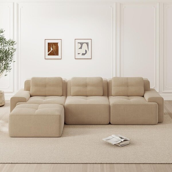 Divano modulare a forma di L, modello Cloud, rivestito in tessuto beige, con pouf incluso. Divano modulare a basso profilo, resistente ai graffi, dimensioni 293x177 cm. Divano per soggiorno, non richiede montaggio