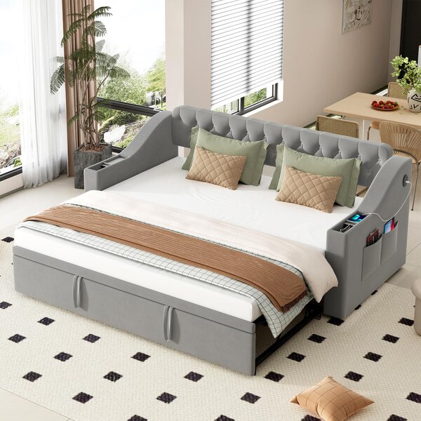 Divano letto imbottito Fortuna Lai, 90/180*190 cm, braccioli più larghi e spessi con porta USB, vano portaoggetti integrato nei braccioli, con tasche portaoggetti, con rete a doghe, tessuto in velluto, grigio