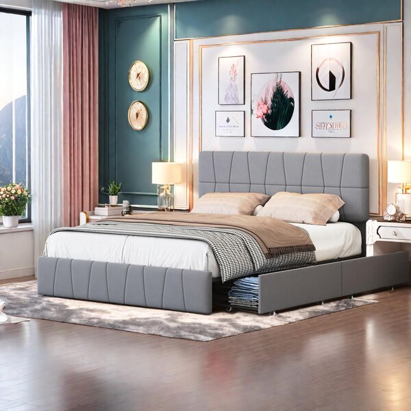 Letto imbottito Fortuna Lai 160x200 cm, letto matrimoniale con testiera, 4 cassetti, letto contenitore in velluto, grigio