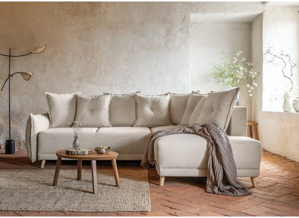 Divano letto angolare in velluto a coste beige (angolo destro) Lazy Lukka - Miuform