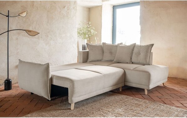 Divano letto angolare in velluto a coste beige (angolo destro) Lazy Lukka - Miuform
