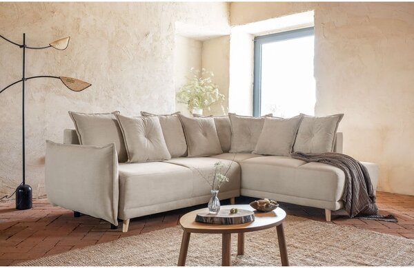 Divano letto angolare in velluto a coste beige (angolo destro) Lazy Lukka - Miuform