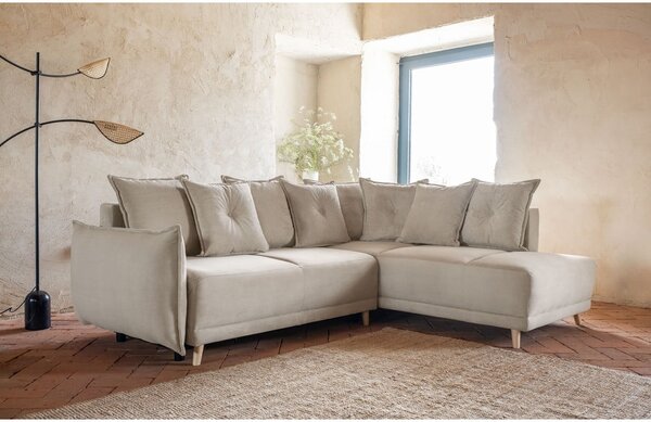 Divano letto angolare in velluto a coste beige (angolo destro) Lazy Lukka - Miuform