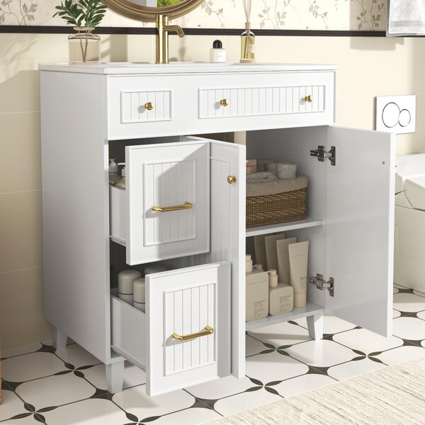 Mobile bagno Fortuna Lai con lavabo 81,7 cm - Mobile bagno a colonna con lavabo in Vetroceramica, superficie laccata, spazio contenitivo multifunzionale e piedini in legno massello dal design moderno e lussuoso - bianco