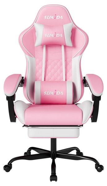 Sedia da gaming con poggiapiedi, in ecopelle, color rosa, con altezza regolabile