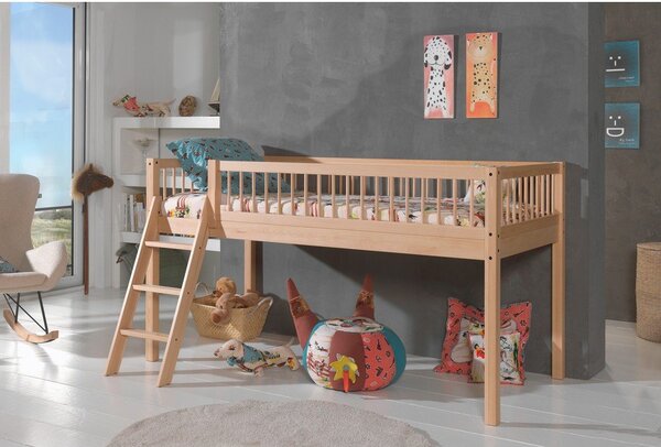 Letto da bambini rialzato di colore naturale in faggio massiccio con rete inclusa 90x200 cm Forrest – Vipack