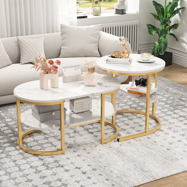Set di 2 tavolini Fortuna Lai, set di tavolini con effetto marmo, set di tavolini da salotto con struttura in metallo, tavolino moderno per soggiorno, camera da letto, ufficio, max. 50 kg (Golden)