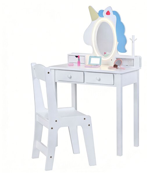 Costway Toeletta trucco con tavolino sgabello e specchio rimovibile, Specchiera ad unicorno con luci per bambini 3-6 anni Bianco