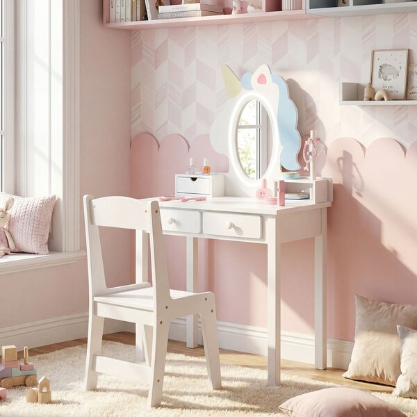Costway Toeletta trucco con tavolino sgabello e specchio rimovibile, Specchiera ad unicorno con luci per bambini 3-6 anni Bianco