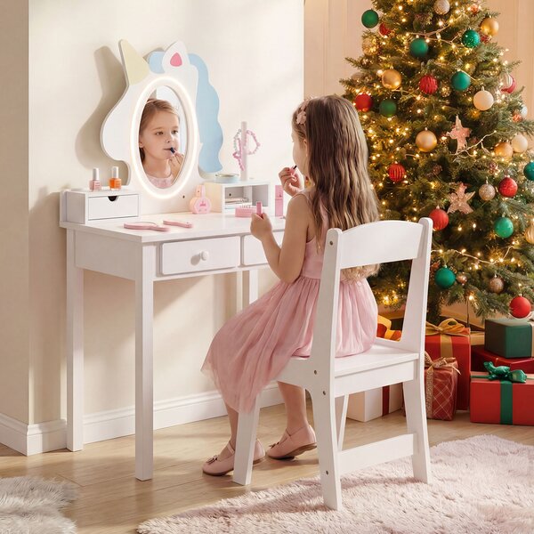 Costway Toeletta trucco con tavolino sgabello e specchio rimovibile, Specchiera ad unicorno con luci per bambini 3-6 anni Bianco