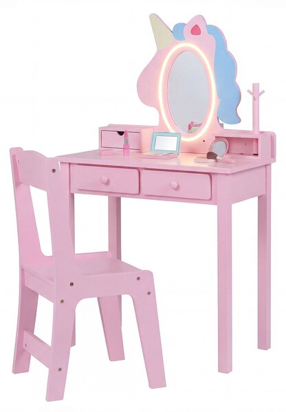 Costway Toeletta trucco con tavolino sgabello e specchio rimovibile, Specchiera ad unicorno con luci per bambini 3-6 anni Rosa