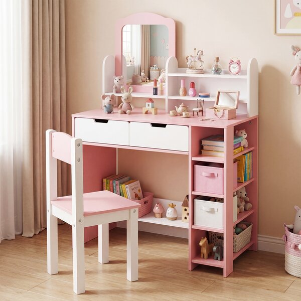 Costway Toletta trucco per bambini 3-7 anni con tavolino e sgabello, Toletta trucco con scaffale libreria e ripiano per studio e gioco