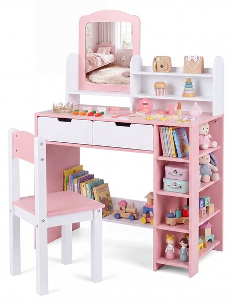 Costway Toletta trucco per bambini 3-7 anni con tavolino e sgabello, Toletta trucco con scaffale libreria e ripiano per studio e gioco