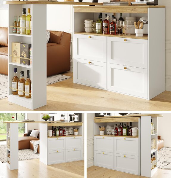 Tavolo alto girevole a 360° Fortuna Lai (corpo 105 x 39 x 102 cm) con 4 cassetti e ripiani aperti, adatto per sala da pranzo/studio/soggiorno, bianco