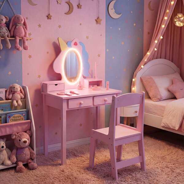 Costway Toeletta trucco con tavolino sgabello e specchio rimovibile, Specchiera ad unicorno con luci per bambini 3-6 anni Rosa