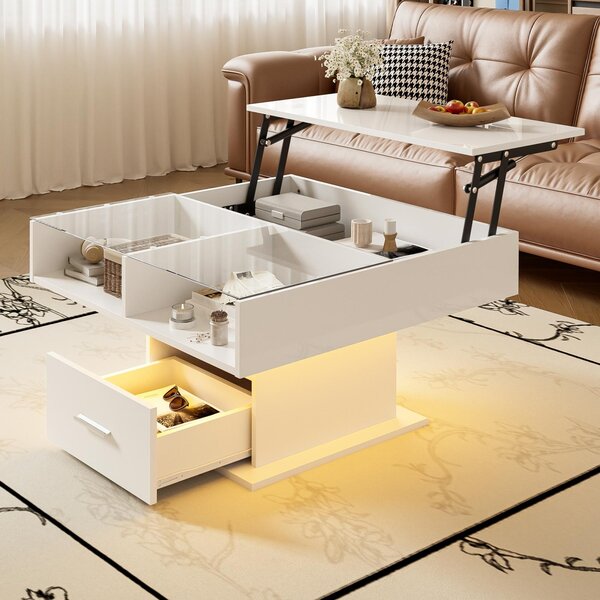 Fortuna Lai, tavolino alto lucido con illuminazione a LED, altezza regolabile e spazio di archiviazione integrato: un design elegante per case e uffici di piccole dimensioni