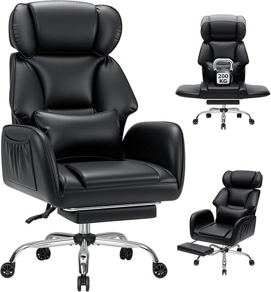Sedia da ufficio ergonomica in pelle, ideale per l'ufficio o per il lavoro da casa, con poggiapiedi e braccioli regolabili, adatta anche per il gaming, con una capacità di carico fino a 200 kg