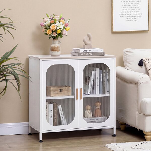 Costway Credenza buffet mobile contenitore 2 ante semitrasparenti ripiano regolabile, Credenza da cucina con ampio piano 83 x 42 x 85,5 cm Bianco