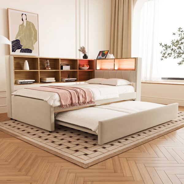 Divano letto Fortuna Lai 90*200, letto estraibile 90*190, dotato di luci a LED, prese elettriche e numerosi vani portaoggetti, letto imbottito, divano letto multifunzionale, letto singolo, flanella, beige