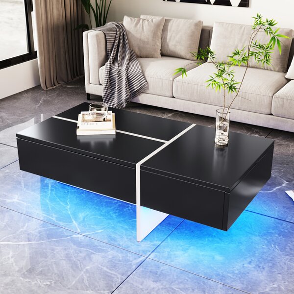 Tavolino Fortuna Lai Tavolino Tavolino nero lucido LED Controllabile tramite app mobile, 100*50*34,5 cm