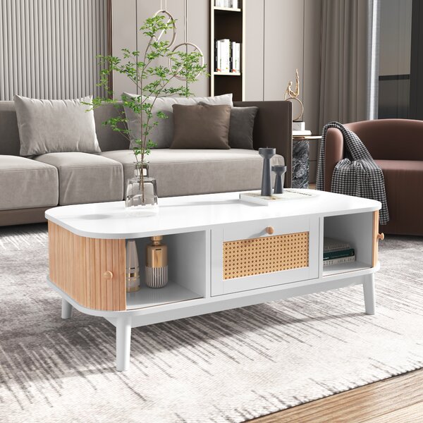 Tavolino 110cm in legno massiccio con ante scorrevoli e vimini in rattan, stile country naturale