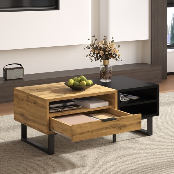 Tavolino Fortuna Lai 100 x 50 x 40 cm, tavolino da salotto con struttura a blocchi di colore, con scomparti e cassetti, gambe in metallo