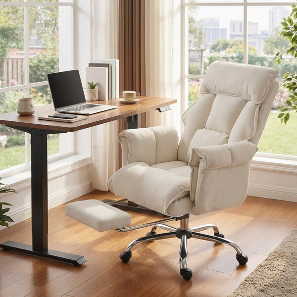 HOMCOM Sedia da ufficio girevole con supporto lombare e poggiapiedi, 80x80x106-114 cm, bianco crema | Aosom Italy