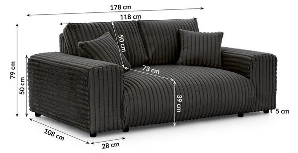 Divano grigio scuro con rivestimento in velluto a coste 178 cm Justin – Ropez