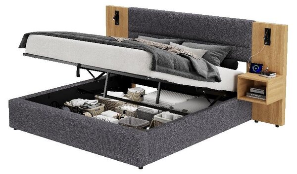 Letto imbottito 160x200 cm con 2 comodini, letto con sistema di sollevamento idraulico e spazio contenitore, dotato di porta USB e illuminazione, in velluto grigio e naturale, ideale per la camera da letto