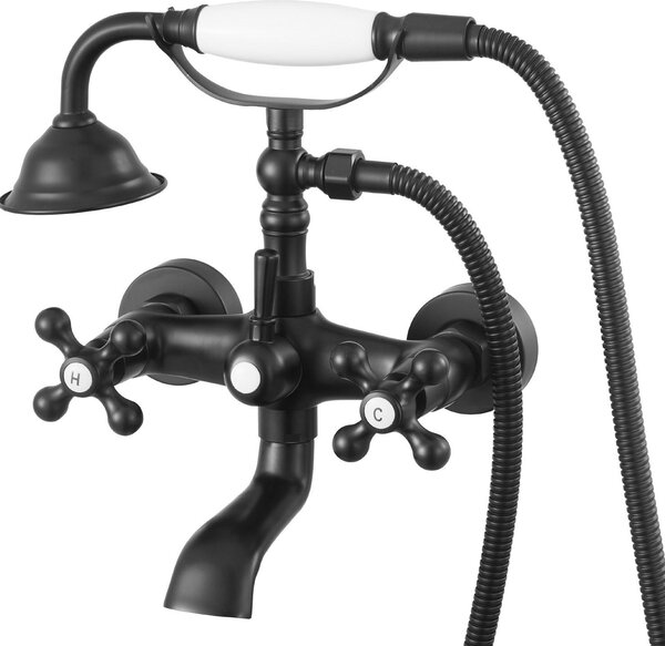 Rubinetteria per vasca da bagno - Rubinetteria con doccetta - Bocca girevole a 360° - Bracci girevoli regolabili - Stile vintage con piedini a zampa di leone - Montaggio a parete - Nero opaco