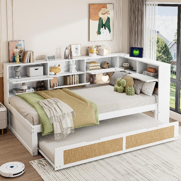Divano letto imbottito 90x200 con porta USB, letto singolo con rete a scomparsa 90x190 e vani contenitori, struttura letto bianca per cameretta
