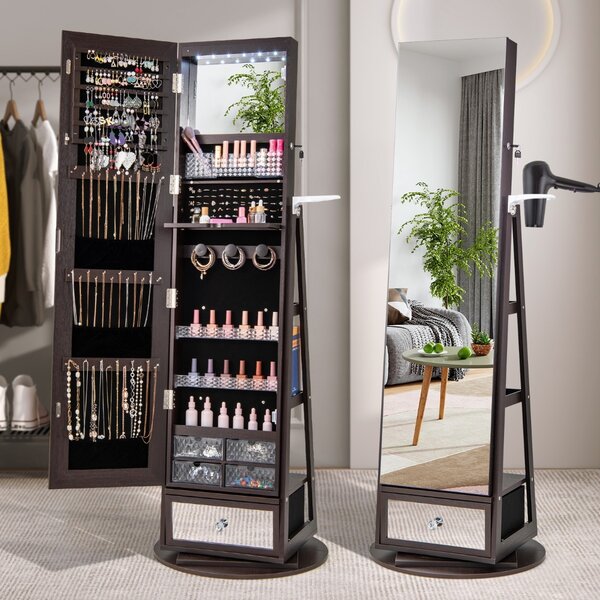 Costway Armadietto portagioie girevole a 360° con specchio lungo, Armadietto portagioie con luci LED e specchietto Marrone Scuro