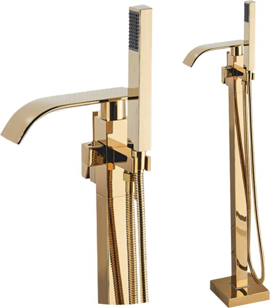 Rubinetto vasca da bagno freestanding Ari, miscelatore monocomando con doccetta, beccuccio girevole 360 gradi, oro lucido