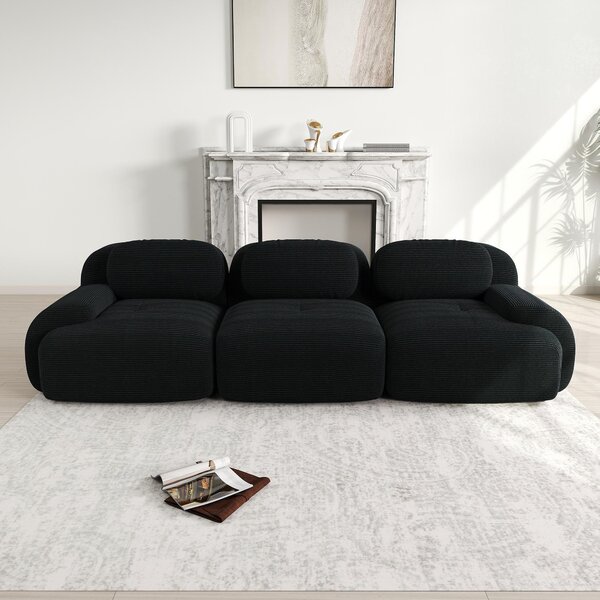 Divano modulare a 3 posti, rivestito in tessuto Cord, angolare, colore nero, struttura senza telaio, imbottitura in schiuma 32D, non richiede montaggio, base antiscivolo, dimensioni: 298x103x70 cm