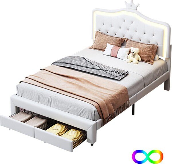 Letto imbottito Fortuna Lai 140x200 cm, LED, forma a fiore, contenitore, testata regolabile, bianco