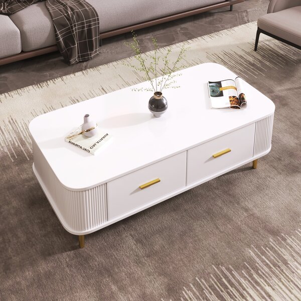 Tavolino Fortuna Lai con 4 cassetti, tavolo da soggiorno, 108L x 51L x 38H cm, bianco