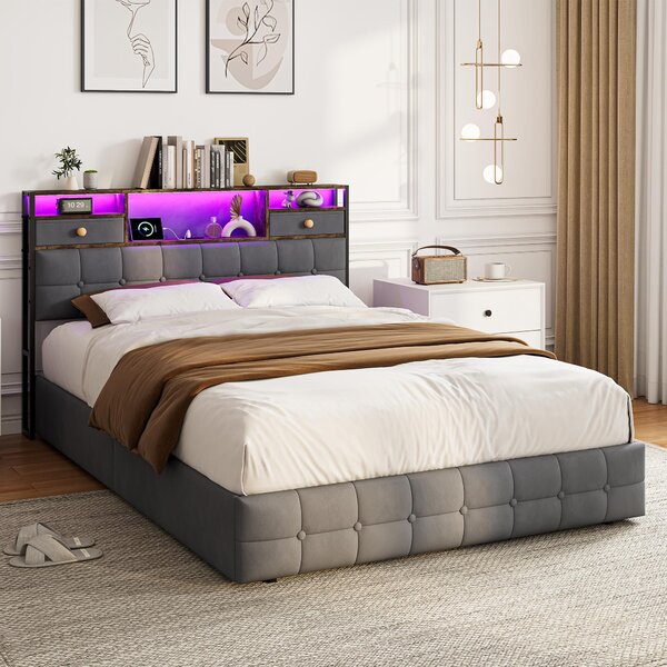 Letto imbottito REMZETTA, 160x200 cm, grigio, con LED, USB e porta Type-C, testiera con spazio contenitore e contenitore a cassetti integrato