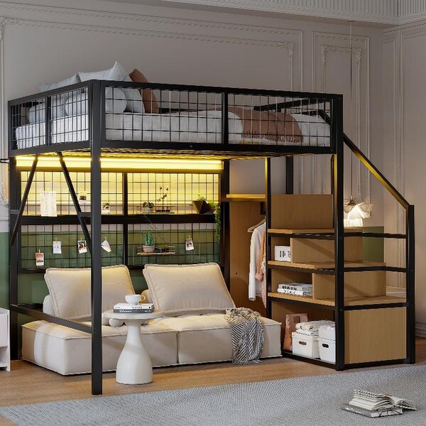 Letto a soppalco in metallo, nero, dimensioni 140x200 cm, con scala, spazio contenitivo, armadio aperto e strisce LED controllabili tramite app, ideale per camerette