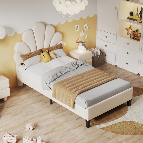 Letto imbottito Fortuna Lai 90x200cm con testata regolabile in altezza e rete a doghe, testata a forma di fiore Letto singolo Letto per bambini e adulti