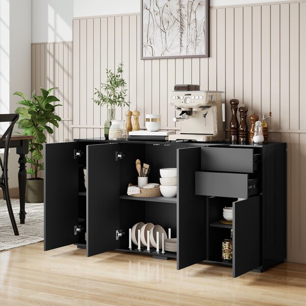 HOMCOM Mobile buffet con 2 cassetti, 4 ante e ripiano regolabile, 140x36x74 cm, nero | Aosom Italy