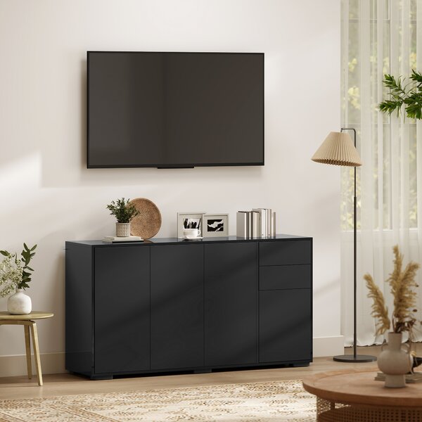 HOMCOM Mobile buffet con 2 cassetti, 4 ante e ripiano regolabile, 140x36x74 cm, nero | Aosom Italy