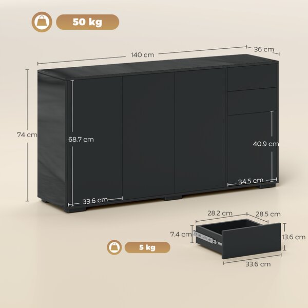 HOMCOM Mobile buffet con 2 cassetti, 4 ante e ripiano regolabile, 140x36x74 cm, nero | Aosom Italy